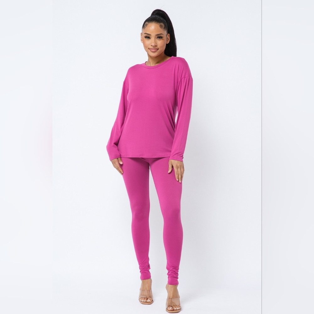 Chic Pink Long Sleeve Top and Leggings Set